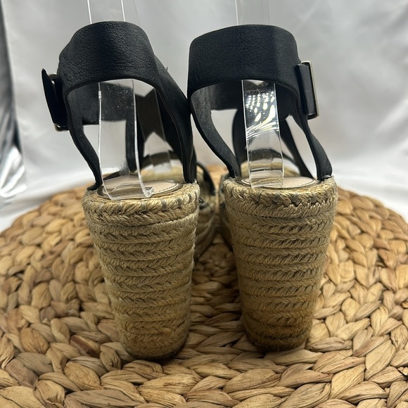 Kennith Cole New York Jute And Black Leather Strap Wedged Summer Sandals - Picture 5 of 7